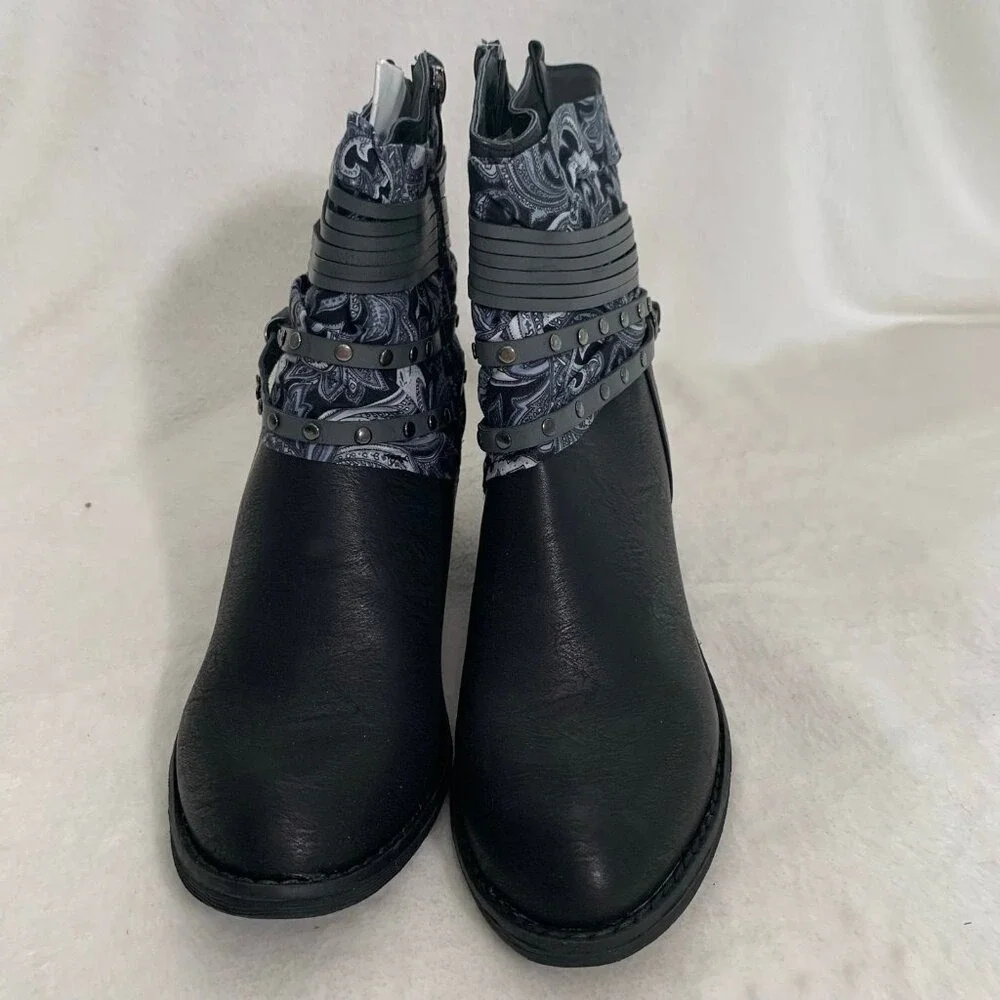 NEW Nature Breeze Ankle Boots Women 11 Black Paisley Studded Strappy‎ Block Heel